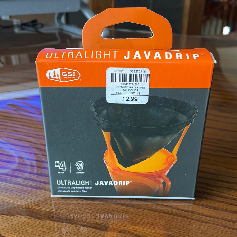 Ultralight Javadrip, diminutive drip coffee maker, ideal for camping.